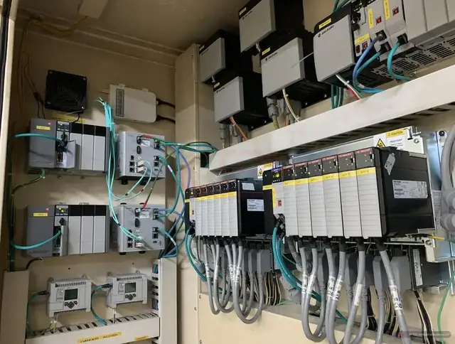 Control cabinet with ControlLogix EtherNet/IP modules and industrial network wiring