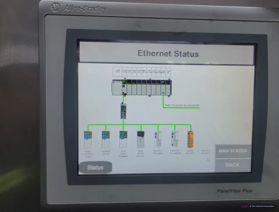 PanelView Plus HMI showing the EtherNet/IP network status