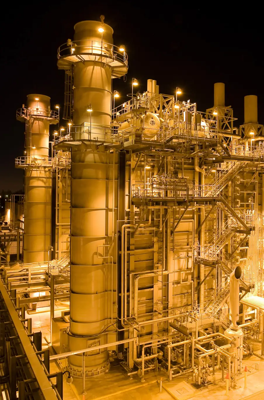 Gas processing facility at night